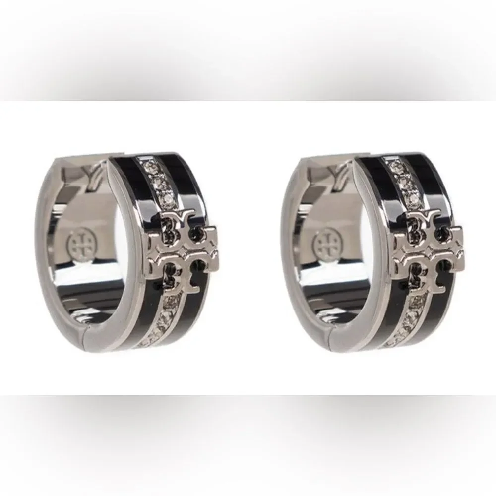 Tory Burch Kira Black and Silver Crystal Hoop Earrings